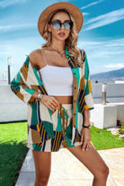 Women's summer resort wear for women set with colorful patterned jacket and shorts by VacationGrabs