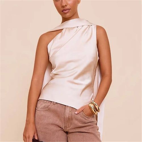 Women's cream satin summer top with stylish one-shoulder design