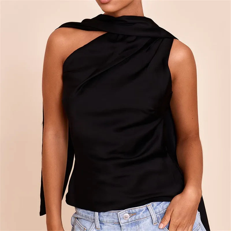 Women's black satin summer top with stylish asymmetrical design