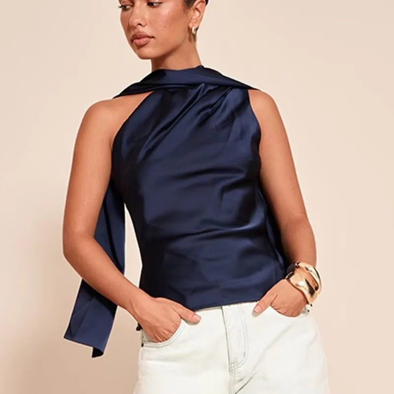 Navy satin summer top with a stylish bow for casual outings