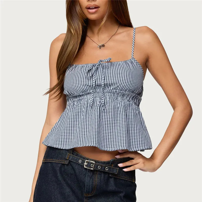 Women's gingham print summer top with adjustable straps for casual outings