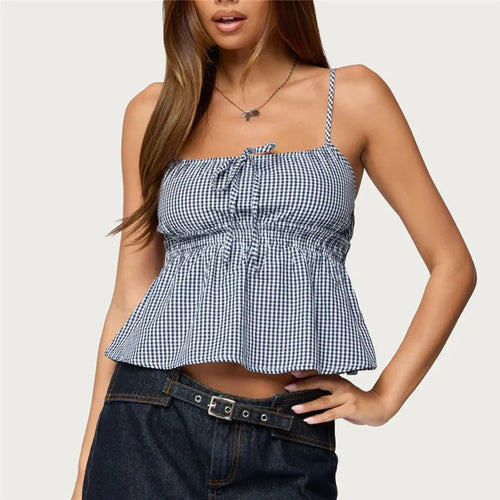 Women's gingham print summer top with adjustable straps for casual outings