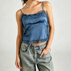 Women's blue satin summer top with lace details, perfect for casual outings
