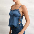 Women's blue satin summer top with lace trim, perfect for casual outings