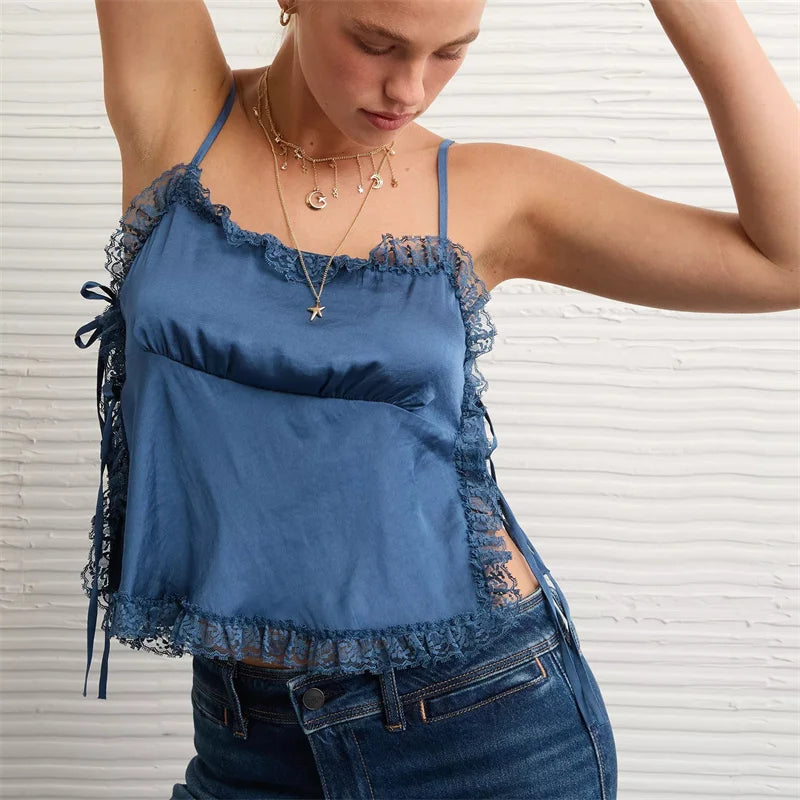 Blue satin summer top with lace trim for casual outings