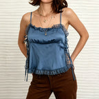 Women's blue satin summer top with lace trim for casual outings