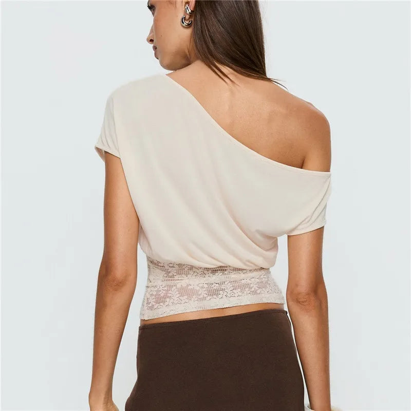 Women's off-shoulder cream top, stretchy material, perfect for summer
