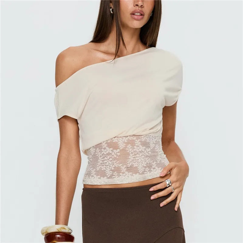 Women's off-shoulder beige top, lightweight fabric, perfect for summer