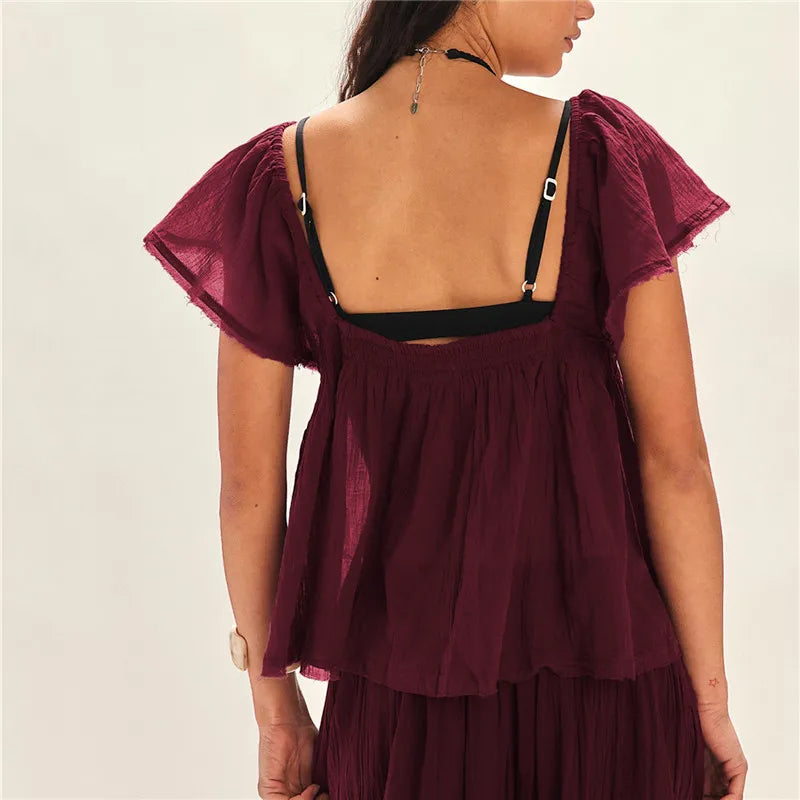 Women's burgundy summer shirt, lightweight fabric for casual outings