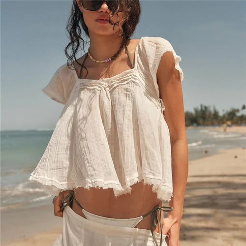 Women's white sheer top, lightweight cotton for beach outings, tops for the summer