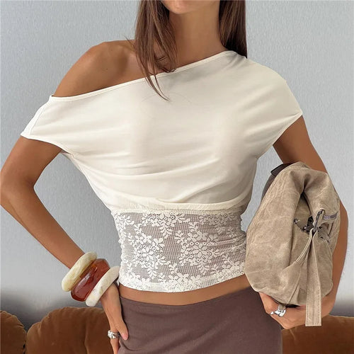 Women's cream summer top with lace detail, perfect for casual outings