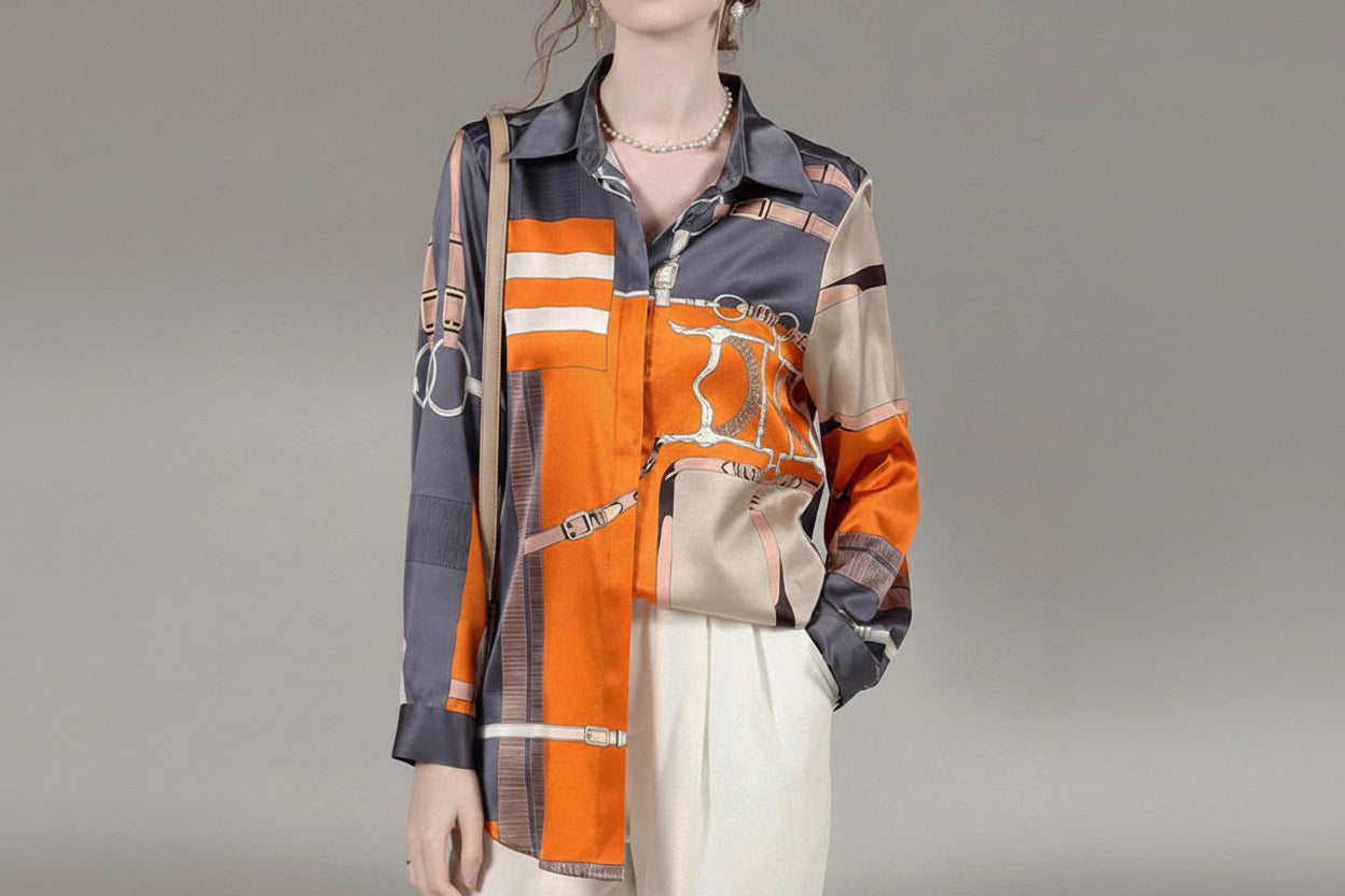 Women's silk shirt in orange and gray, trendy summer tops for women