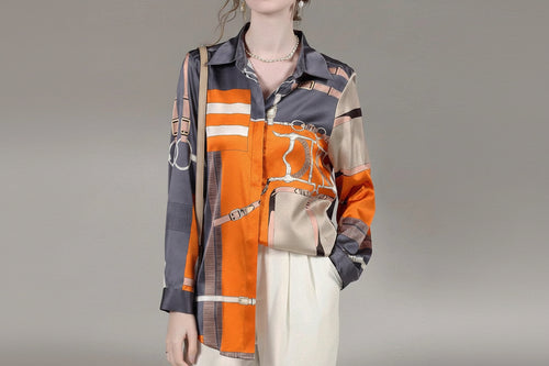 Women's silk shirt in orange and gray, trendy summer tops for women
