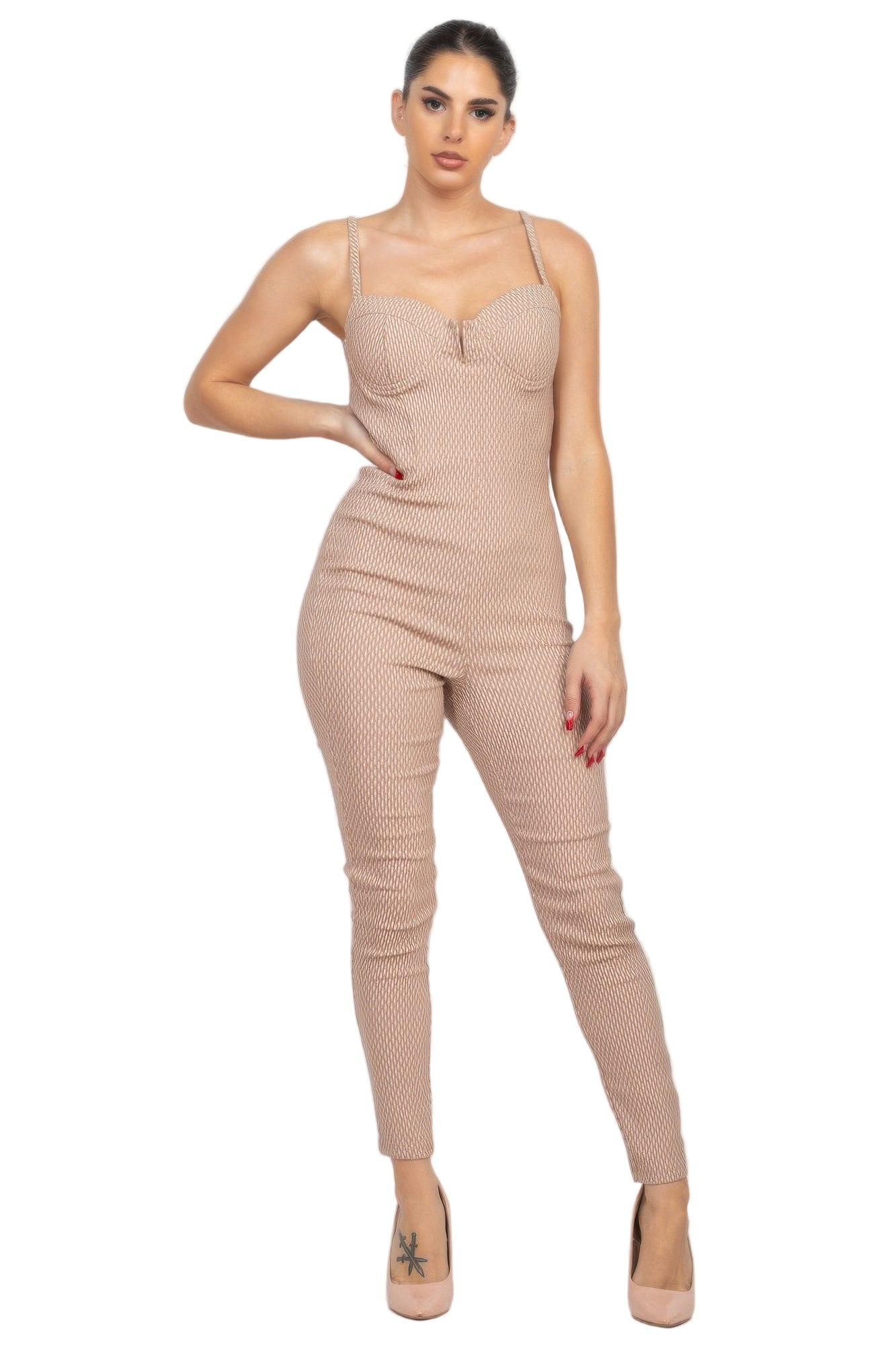 Beige summer travel jumpsuit for women with a fitted design and adjustable straps