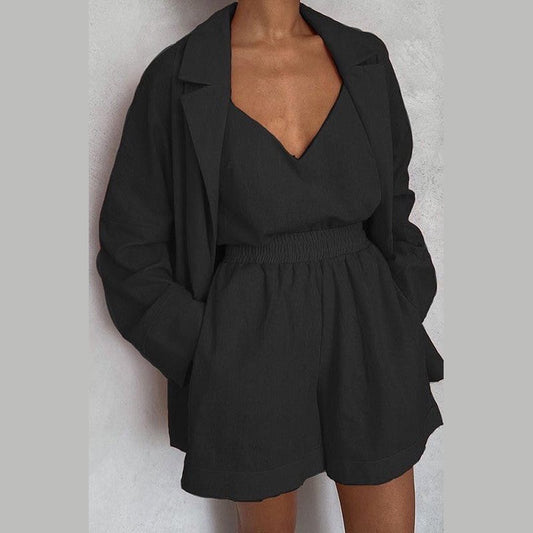 Miss Sparkling black summer travel matching set featuring a blazer, tank top, and elastic waist shorts
