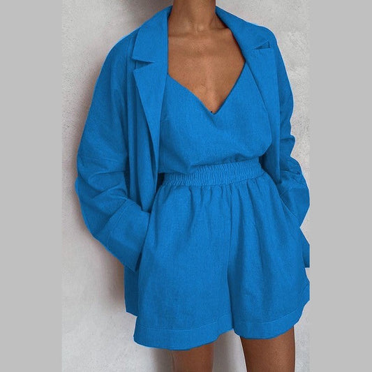 Miss Sparkling bright blue summer travel matching set with blazer, tank top, and elastic waist shorts