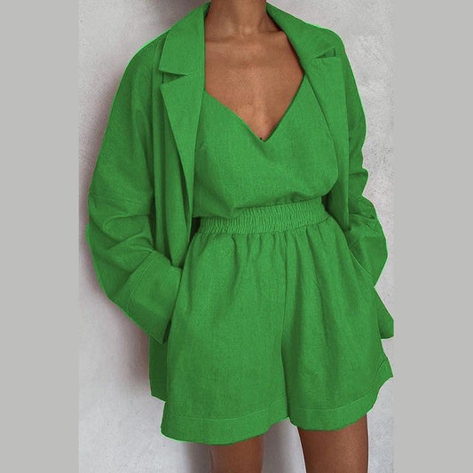 Miss Sparkling green summer travel matching set with blazer, camisole, and elastic waist shorts