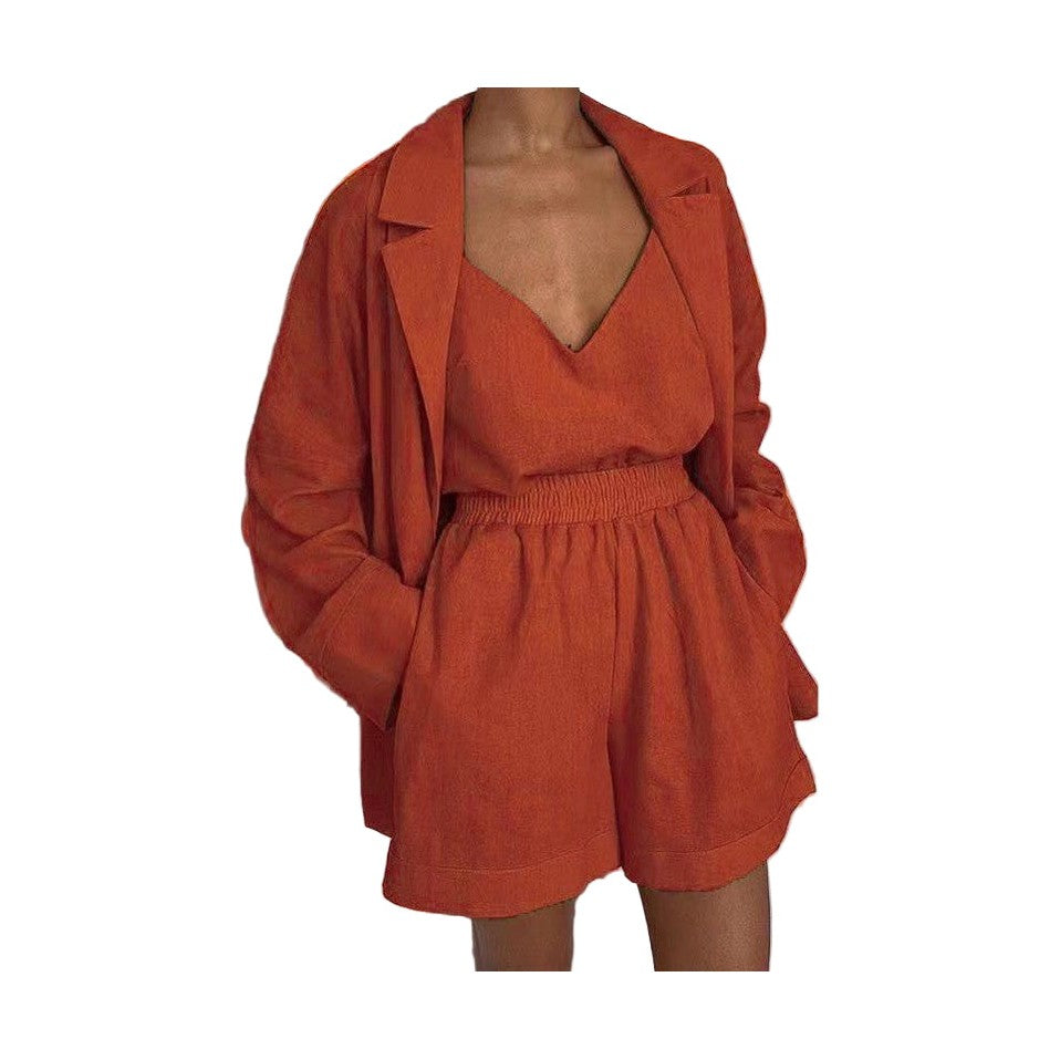 Miss Sparkling rust orange summer travel matching set with blazer, top, and elastic waist shorts
