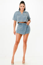 Stylish Women's Denim Set featuring a cropped shirt and mini skirt, perfect for summer travel outfits for women