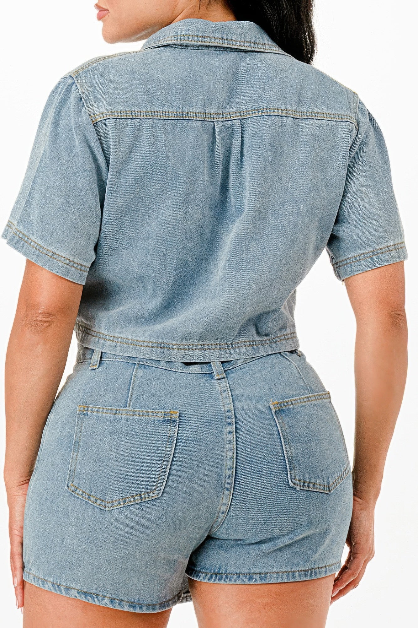 Light blue denim short sleeve jumpsuit, perfect summer travel outfits for women
