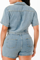 Light blue denim short sleeve jumpsuit, perfect summer travel outfits for women