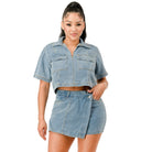 Stylish denim crop top and skirt set, perfect for summer travel outfits for women
