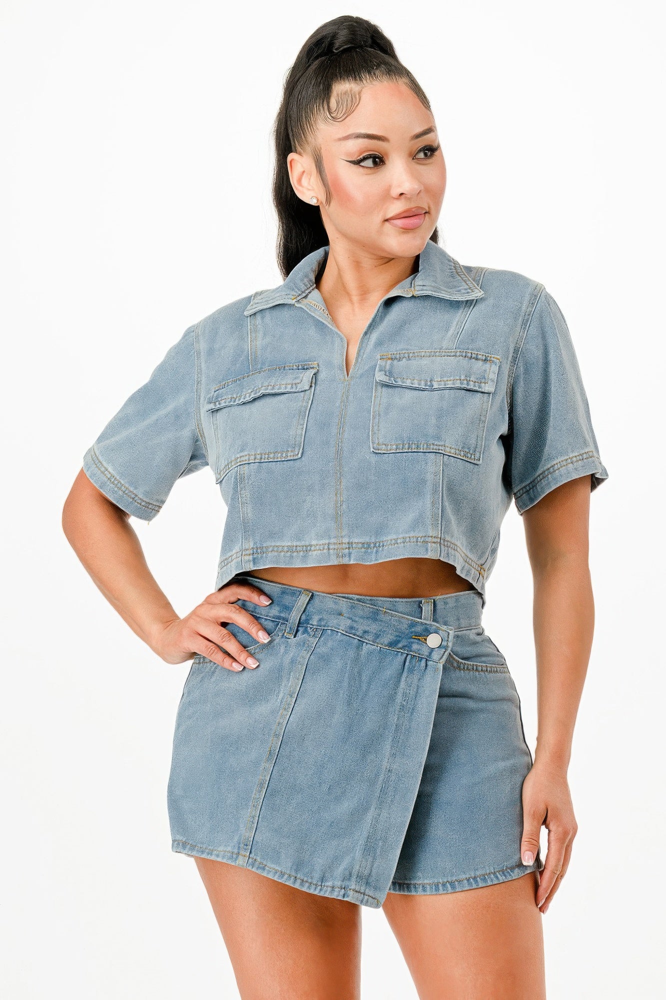 Stylish denim crop top and mini skirt set for summer travel outfits for women