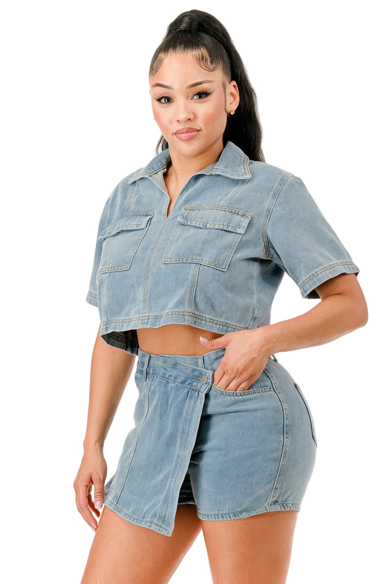 Trendy women's denim crop top and mini skirt set, perfect for summer travel outfits for women.