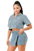 Trendy women's denim crop top and mini skirt set, perfect for summer travel outfits for women.