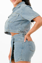 Stylish women's summer travel outfits for women featuring a denim crop top and matching shorts