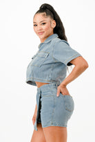 Trendy denim crop top and shorts set, perfect summer travel outfits for women