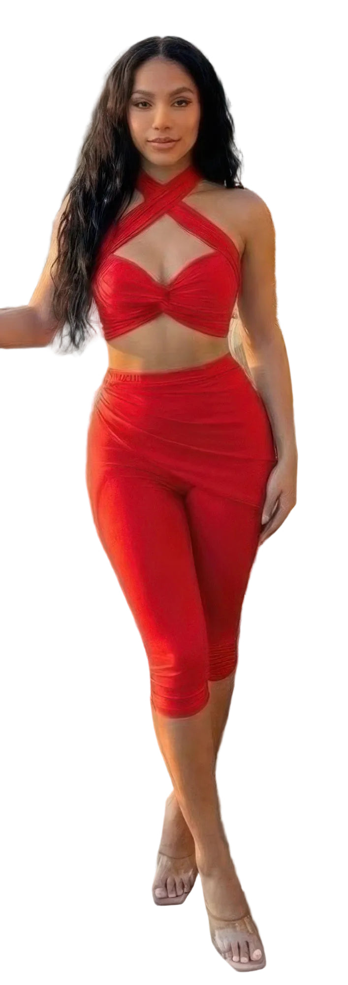 Women's red summer two-piece vacation outfit, perfect for stylish getaways