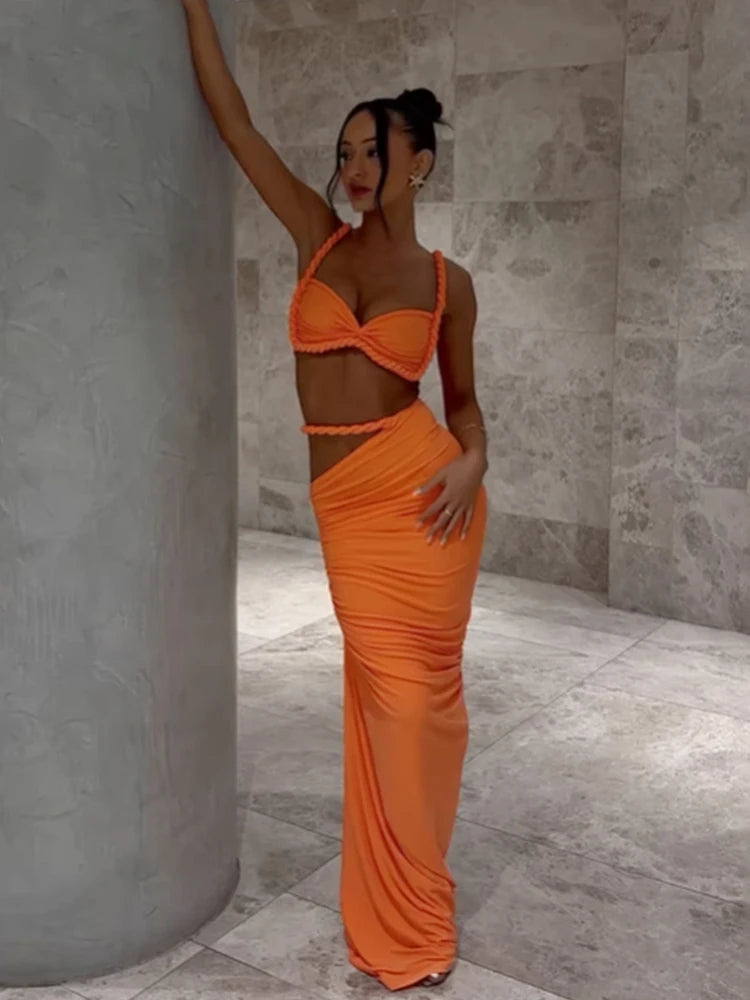 Orange summer vacation 2 piece set for women, perfect for beach outings