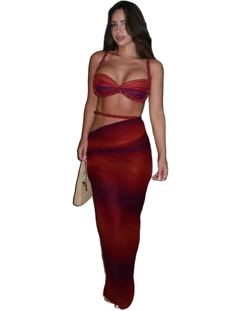 Women's red summer vacation 2 piece set for women, stylish and comfortable