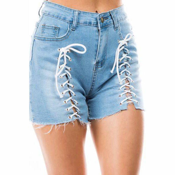 By Claude summer vacation denim shorts with stylish lace-up sides for a trendy look