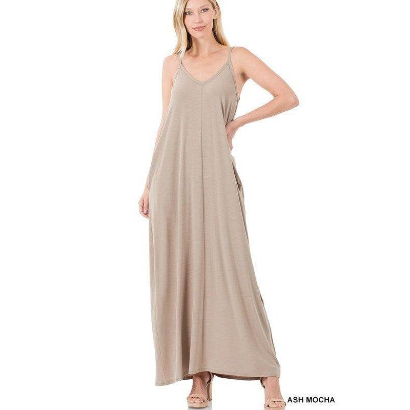 ZENANA Women’s Ash Mocha Summer Vacation Maxi Dress with Spaghetti Straps and Pockets