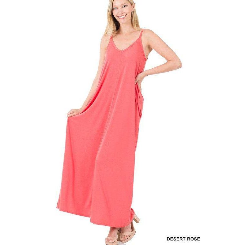 ZENANA Desert Rose Summer Vacation Maxi Dress with Spaghetti Straps and Pockets for Comfortable Styling