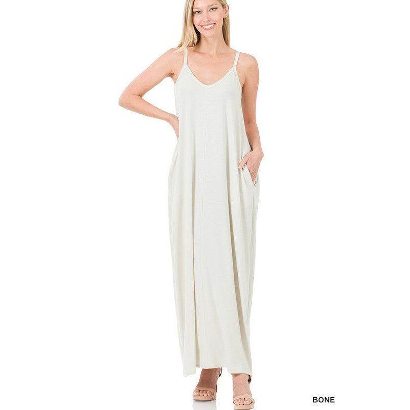 ZENANA Women's Summer Vacation Maxi Dress in Bone Color with Slender Straps and Side Pockets