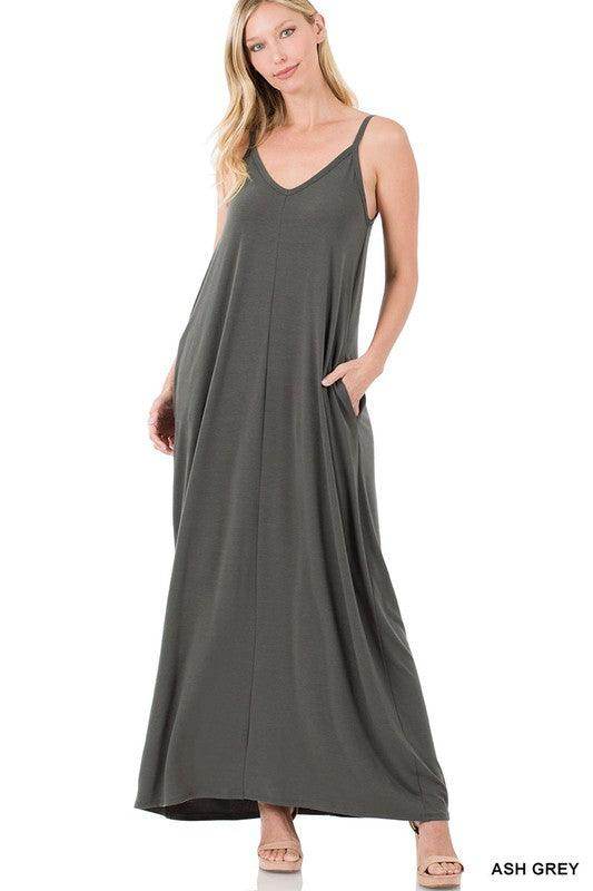 ZENANA Ash Grey Summer Vacation Maxi Dress with Pockets and Adjustable Straps for Comfortable Style
