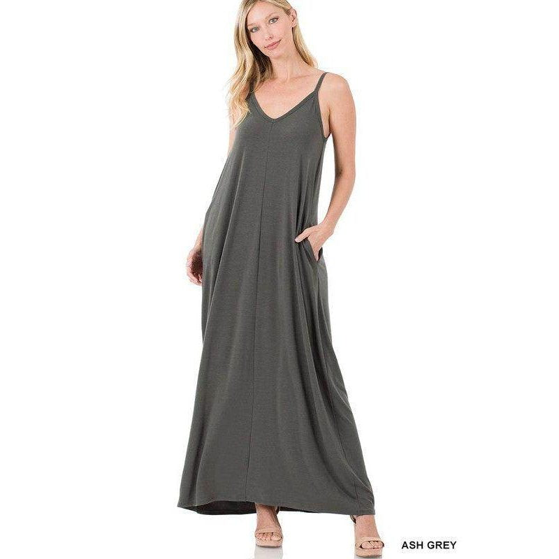 ZENANA Ash Grey Summer Vacation Maxi Dress with Pockets and Adjustable Straps for Comfortable Style