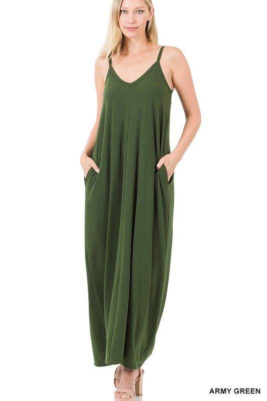 ZENANA army green summer vacation maxi dress with pockets and adjustable straps for warm weather