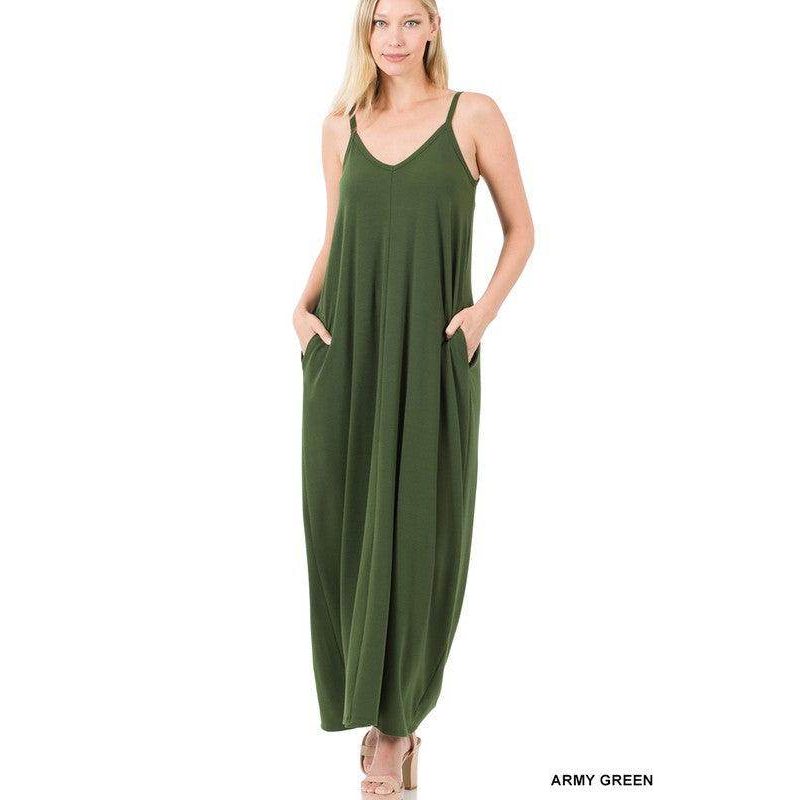 ZENANA army green summer vacation maxi dress with pockets and adjustable straps for warm weather