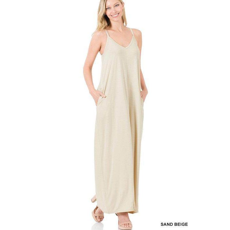 ZENANA Sand Beige Summer Vacation Maxi Dress with Adjustable Straps and Side Pockets