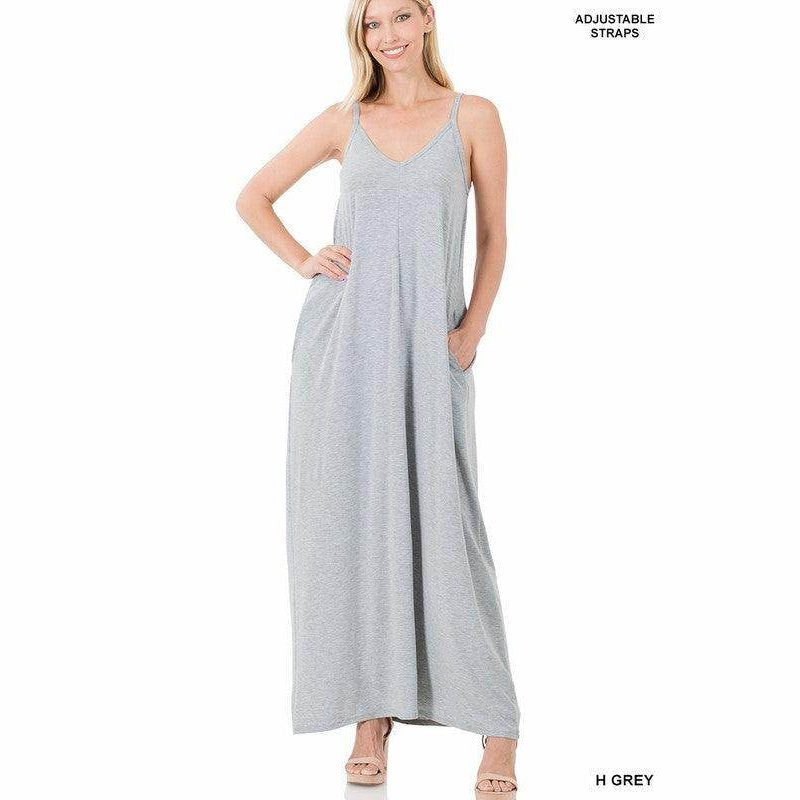 ZENANA Women's Grey Summer Vacation Maxi Dress with Adjustable Straps and Side Pockets
