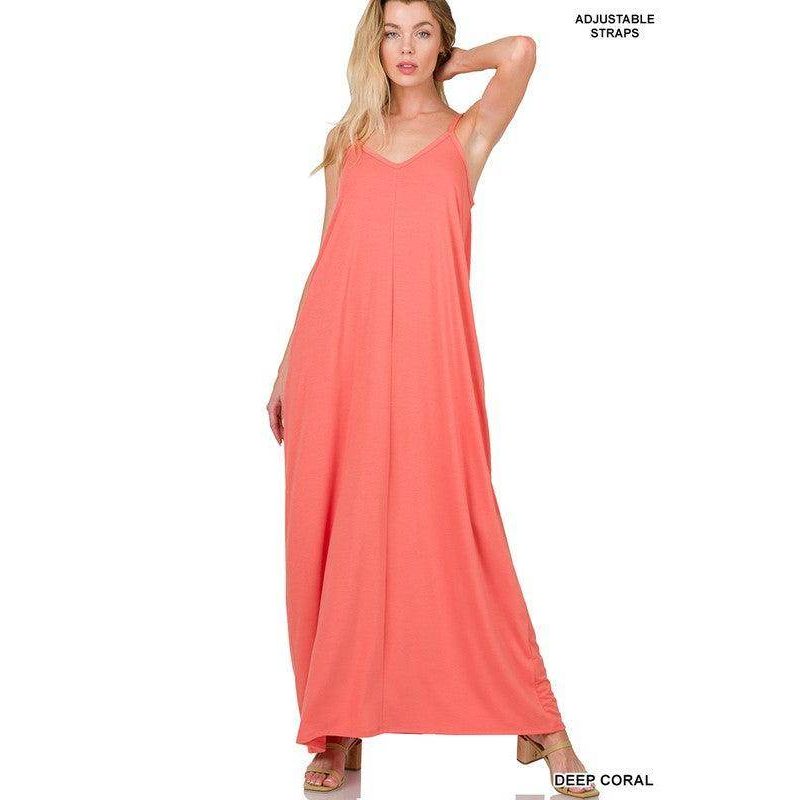 ZENANA Deep Coral Summer Vacation Maxi Dress with Adjustable Straps for Comfort