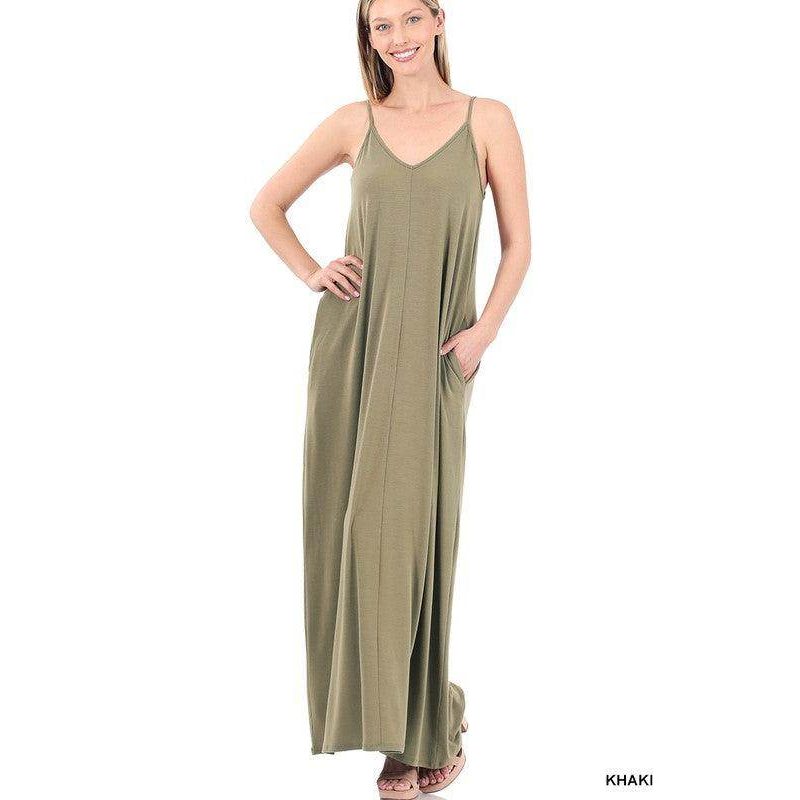 ZENANA Women's Summer Vacation Maxi Dress in Khaki with Comfortable Pockets and Strappy Design
