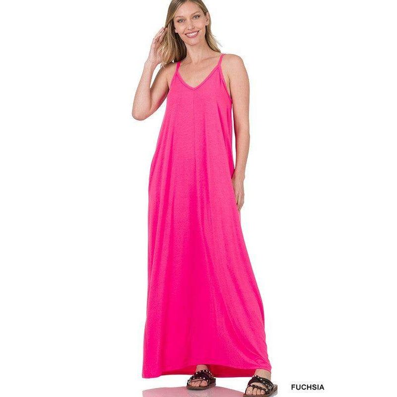 ZENANA Women's Fuchsia Summer Vacation Maxi Dress with Spaghetti Straps for Comfortable Style