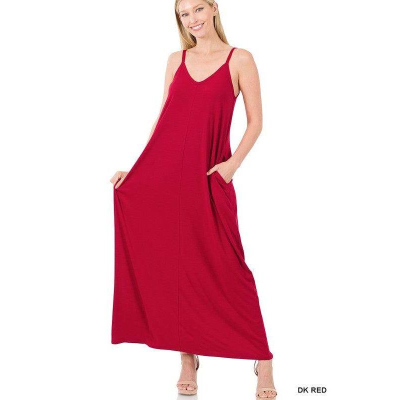ZENANA Women's summer vacation maxi dress in dark red with adjustable straps and pockets