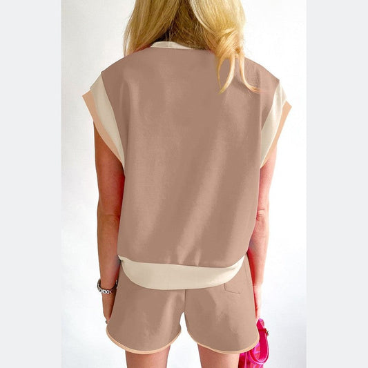 YNIQUE summer vacation two piece outfit with beige top and matching shorts on woman