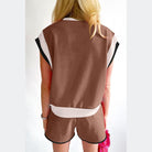 YNIQUE summer vacation two piece outfit featuring brown and white sleeveless top with matching shorts